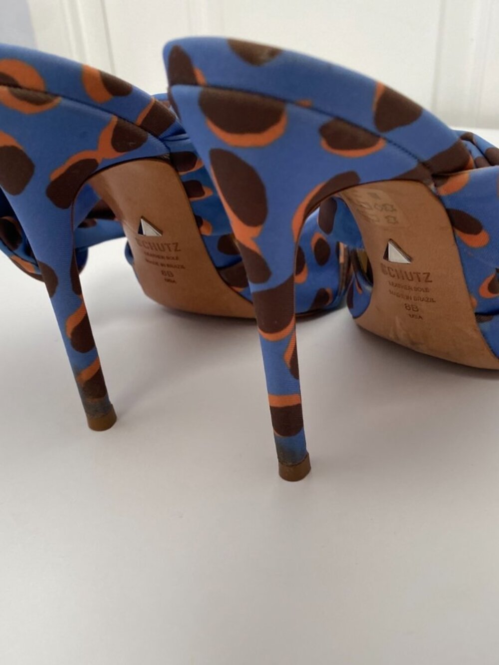 SCHUTZ Blue and Brown Leopard-Print Pointed Mule Heels - Picture 4 of 8